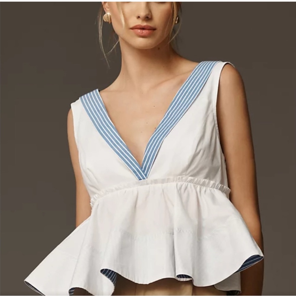 Anthropologie White and Blue Peplum Blouse